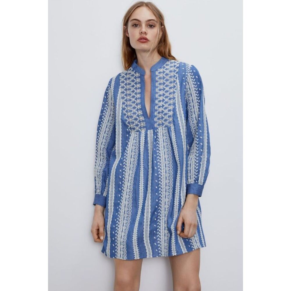 ZARA Embroidered Blue White Long Sleeve Mini Dress Chambray Size M